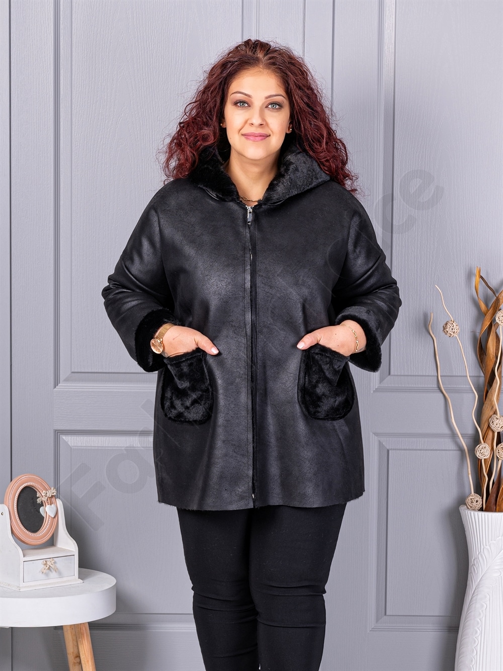 Plus size σουέτ παλτό-μαύρο-κωδ 9602
