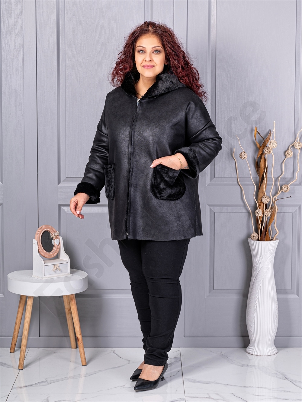 Plus size σουέτ παλτό-μαύρο-κωδ 9602