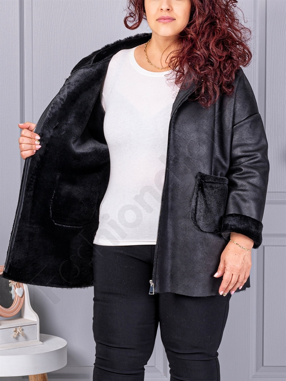 Plus size σουέτ παλτό-μαύρο-κωδ 9602