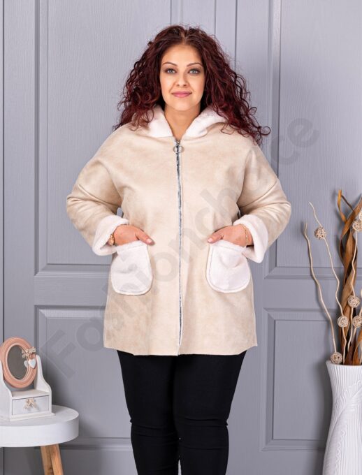 Plus size σουέτ παλτό-εκρού-κωδ 9602-3