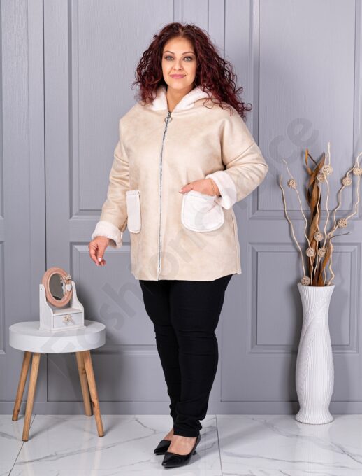 Plus size σουέτ παλτό-εκρού-κωδ 9602-3