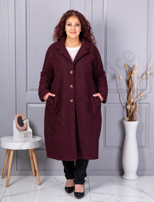Plus size μπουκλέ παλτό μακρύ-βουργουνδί-κωδ 6247-1
