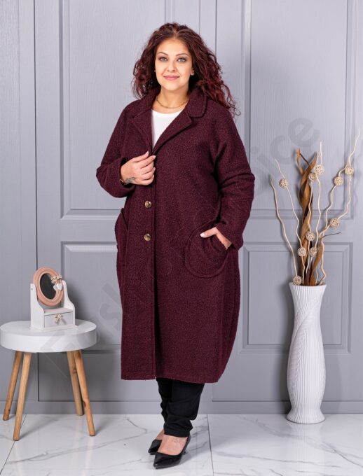 Plus size μπουκλέ παλτό μακρύ-βουργουνδί-κωδ 6247-1