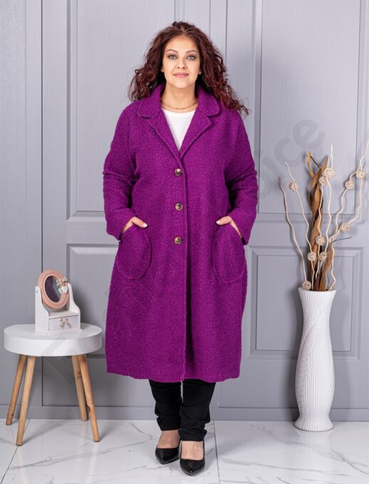 Plus size μπουκλέ παλτό μακρύ-ματζέντα-κωδ 6247-5