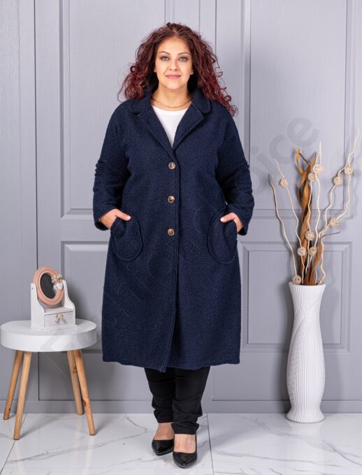 Plus size μπουκλέ παλτό μακρύ-σκούρο μπλε-κωδ 6247-6