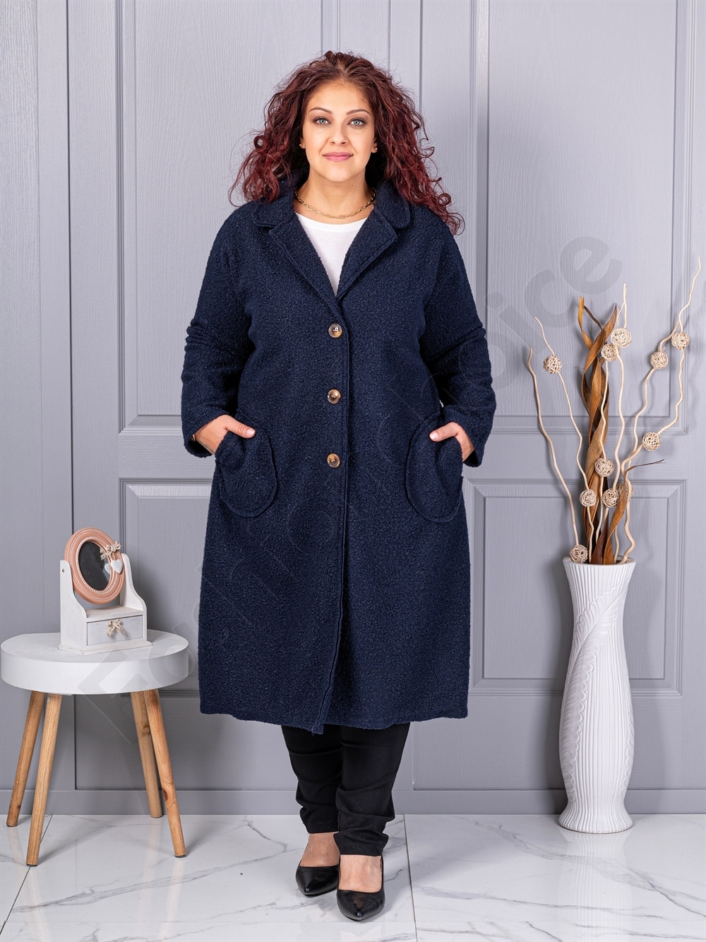 Plus size μπουκλέ παλτό μακρύ-σκούρο μπλε-κωδ 6247-6