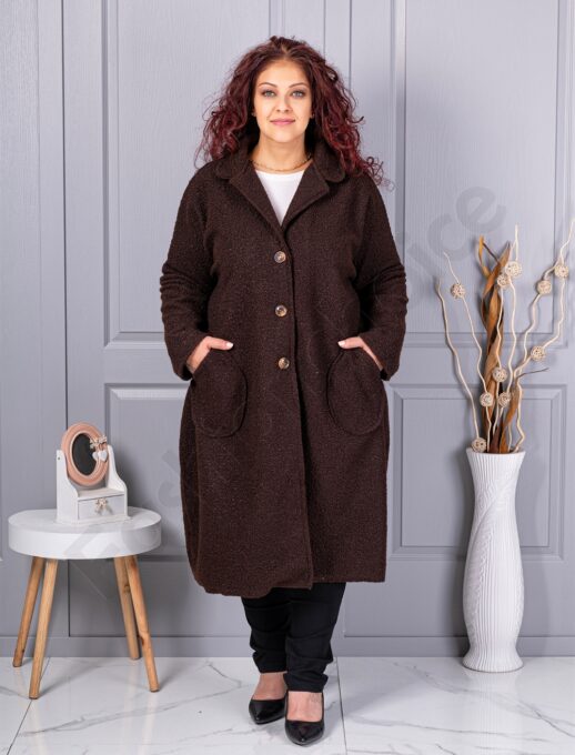 Plus size μπουκλέ παλτό μακρύ-καφέ-κωδ 6247-8