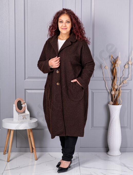 Plus size μπουκλέ παλτό μακρύ-καφέ-κωδ 6247-8