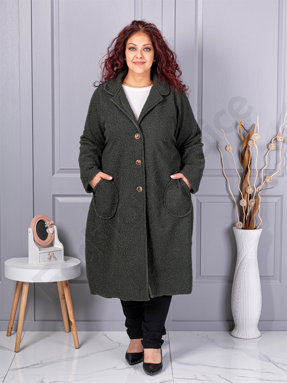 Plus size μπουκλέ παλτό μακρύ-χακί-κωδ 6247-4