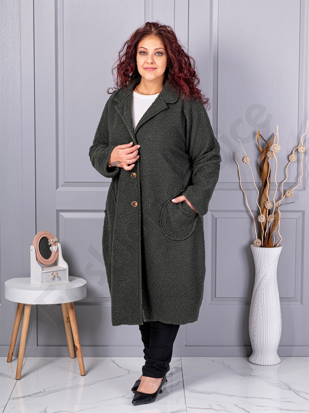Plus size μπουκλέ παλτό μακρύ-χακί-κωδ 6247-4