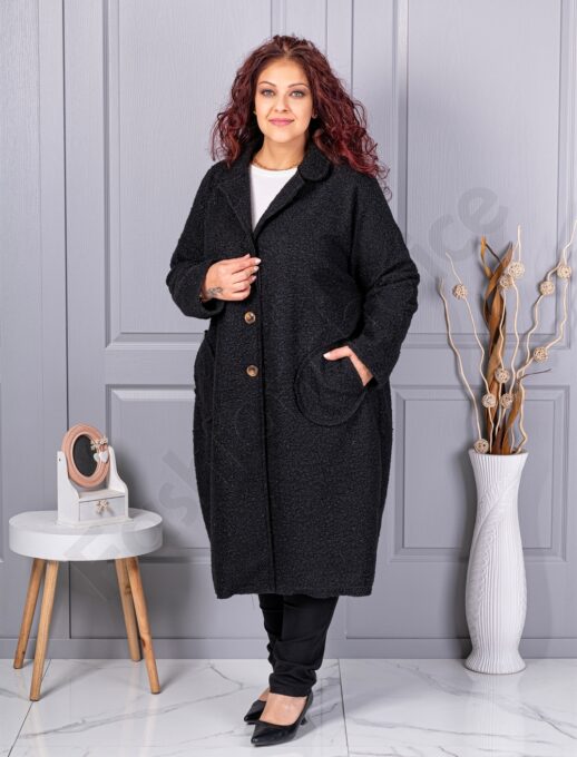 Plus size μπουκλέ παλτό μακρύ-μαύρο-κωδ 6247