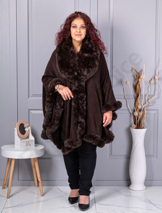 Plus size κάπα με οικολογική γούνα-καφέ-κωδ 293-1