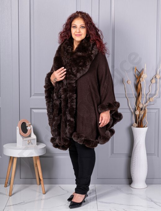 Plus size κάπα με οικολογική γούνα-καφέ-κωδ 293-1