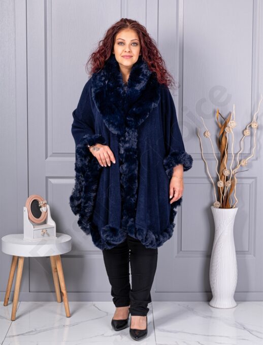 Plus size κάπα με οικολογική γούνα-σκούρο μπλε-κωδ 293-3