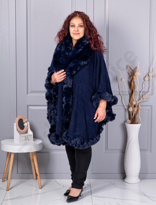Plus size κάπα με οικολογική γούνα-σκούρο μπλε-κωδ 293-3