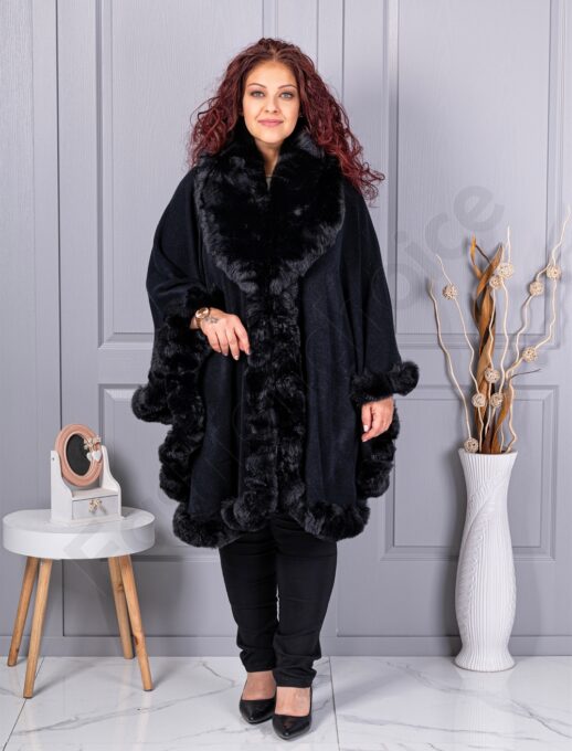 Plus size κάπα με οικολογική γούνα-μαύρο-κωδ 293