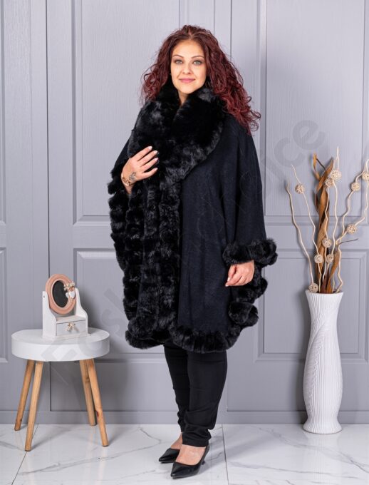 Plus size κάπα με οικολογική γούνα-μαύρο-κωδ 293