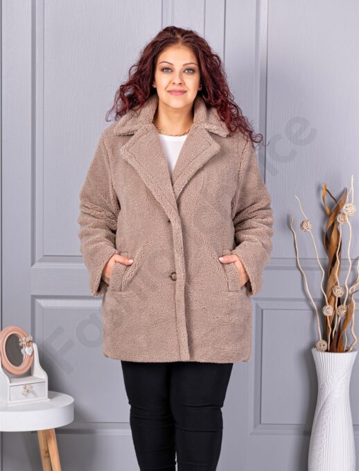 Plus size παλτό Teddy Bear-μπεζ-κωδ 230159-1
