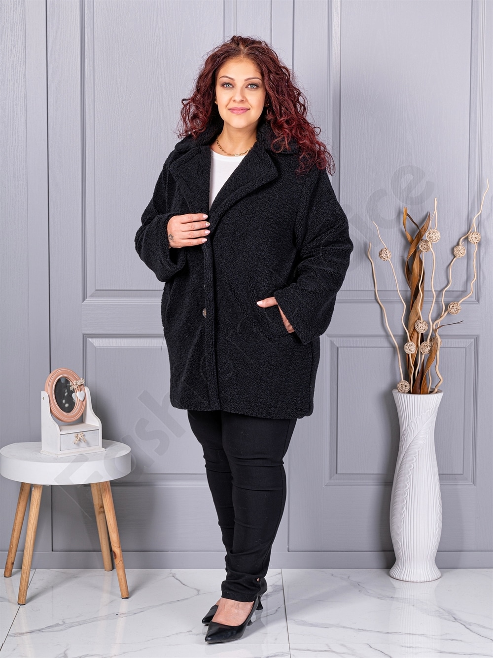 Plus size παλτό Teddy Bear-μαύρο-κωδ 230159