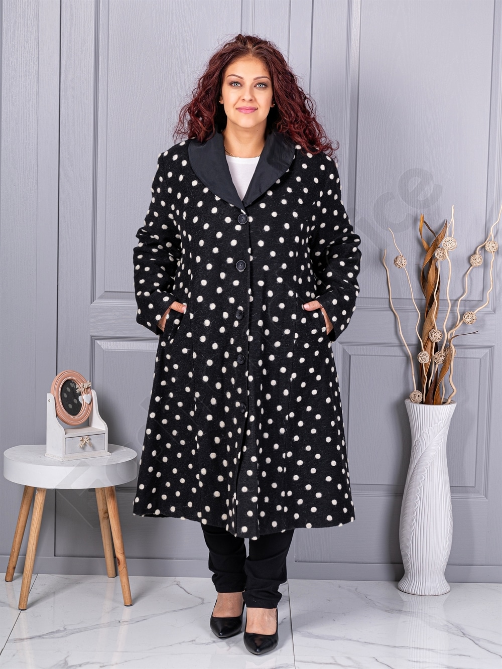 Plus size μάλλινο παλτό με πουά-κωδ 10541