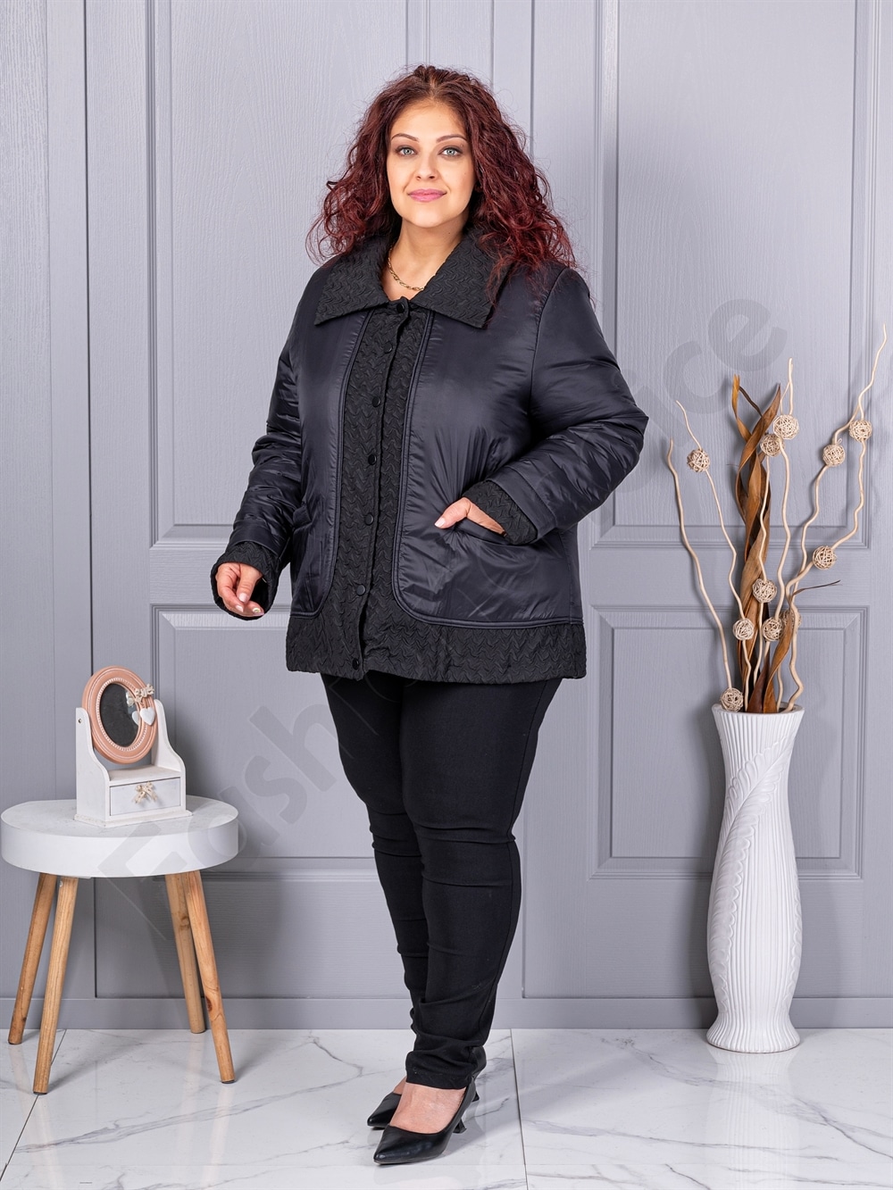 Plus size μπουφάν με κουμπιά-συνδυασμοί υφασμάτων-κωδ 63274
