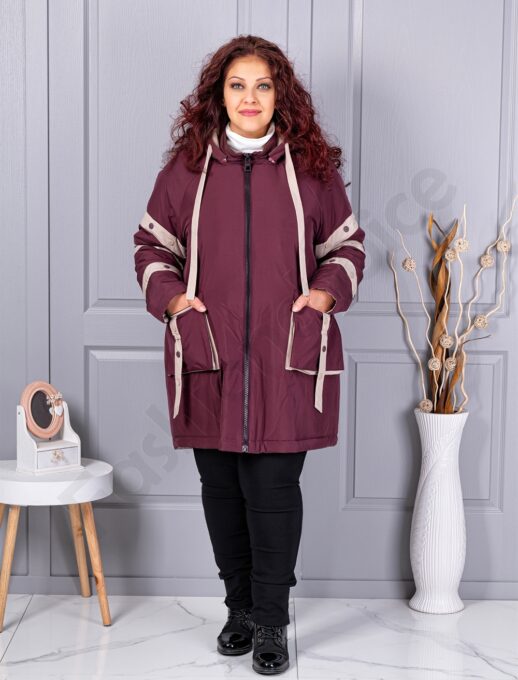 Plus size μπουφάν με διακοσμητικές ρίγες-βουργουνδί-63163-2