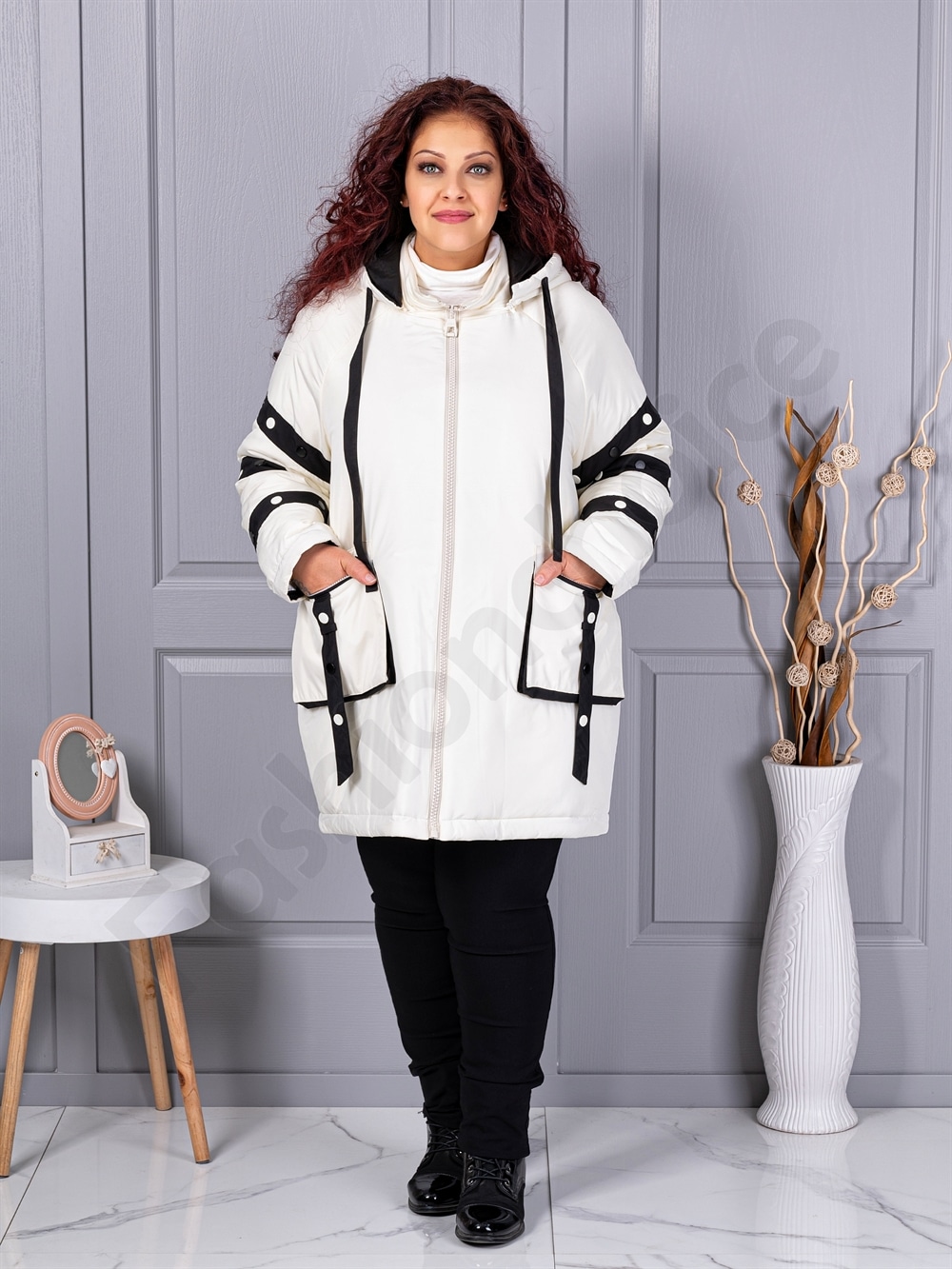 Plus size μπουφάν με διακοσμητικές ρίγες-εκρού-63163-1