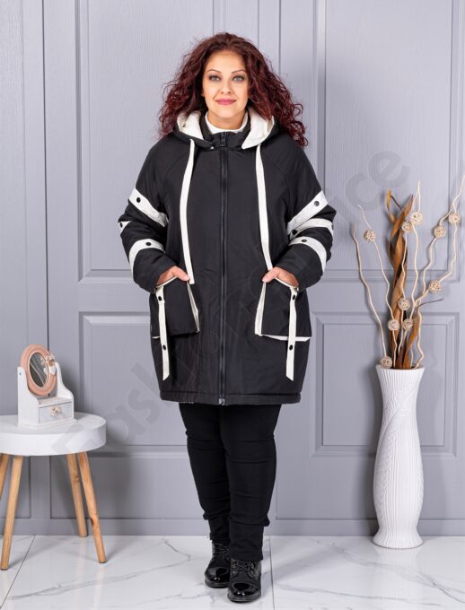 Plus size μπουφάν με διακοσμητικές ρίγες-μαύρο-63163