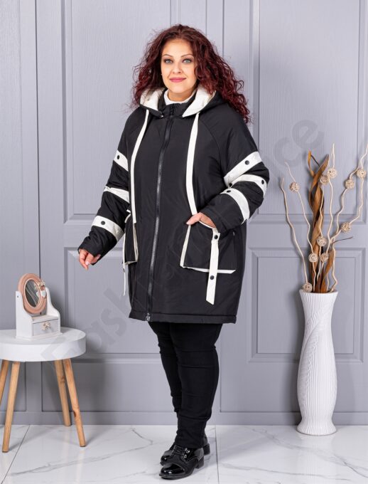 Plus size μπουφάν με διακοσμητικές ρίγες-μαύρο-63163