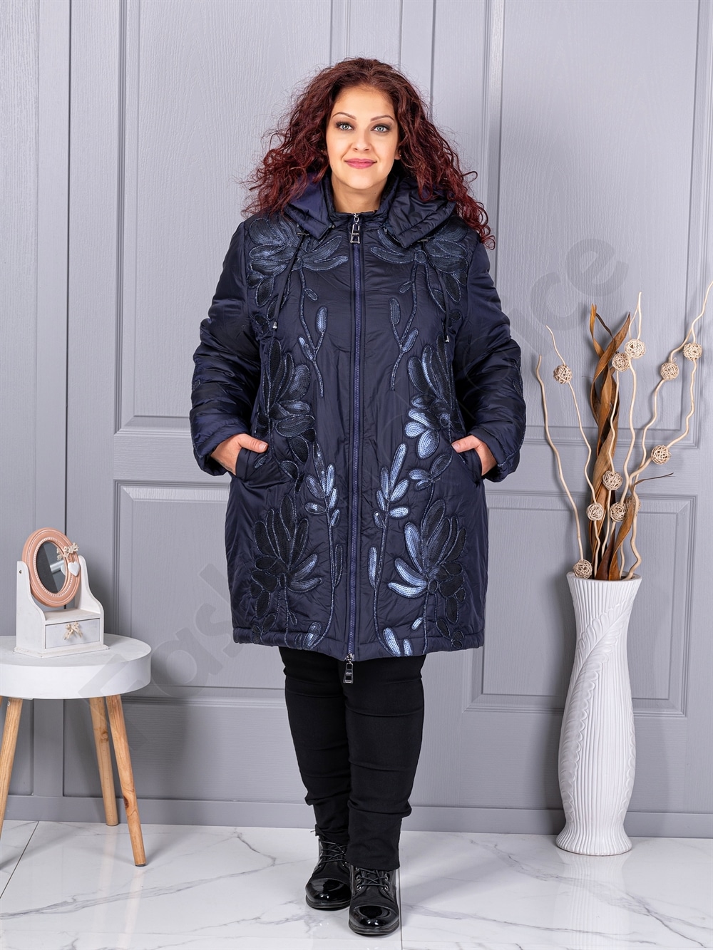 Plus size μπουφάν με μοτίβο και παγιέτες-σκούρο μπλε-κωδ 71399-1