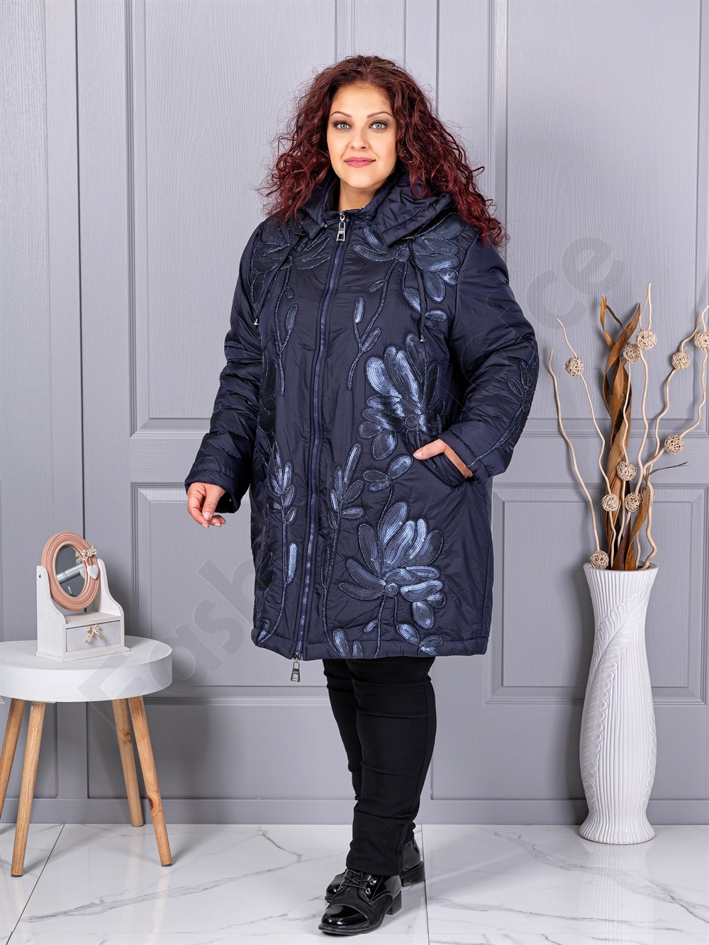 Plus size μπουφάν με μοτίβο και παγιέτες-σκούρο μπλε-κωδ 71399-1