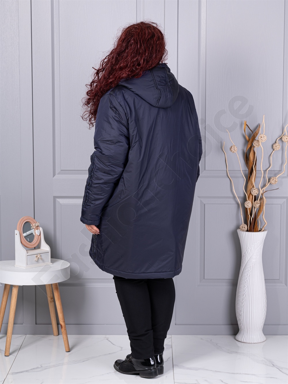 Plus size μπουφάν με μοτίβο και παγιέτες-σκούρο μπλε-κωδ 71399-1