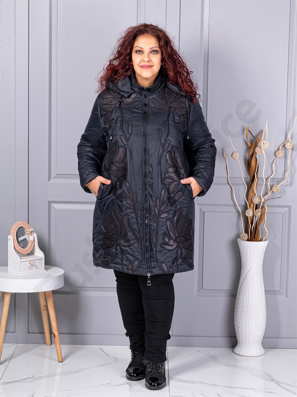 Plus size μπουφάν με μοτίβο και παγιέτες-71399