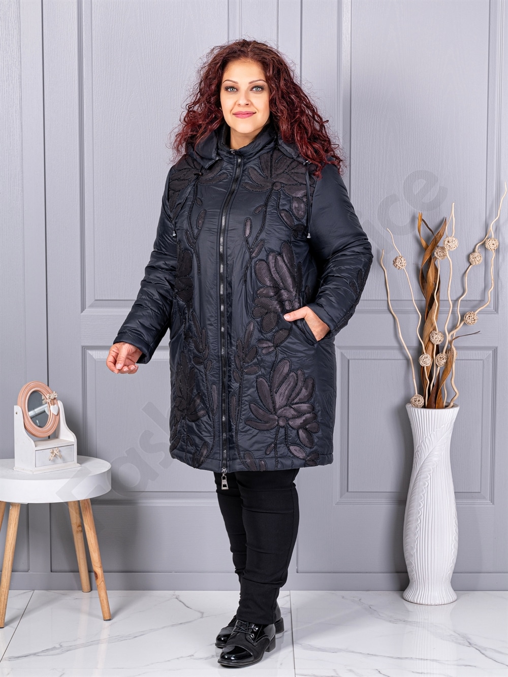 Plus size μπουφάν με μοτίβο και παγιέτες-71399