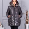 Plus size γυαλιστερό μπουφάν με φυσική γούνα-γραφίτη-κωδ 26059-1