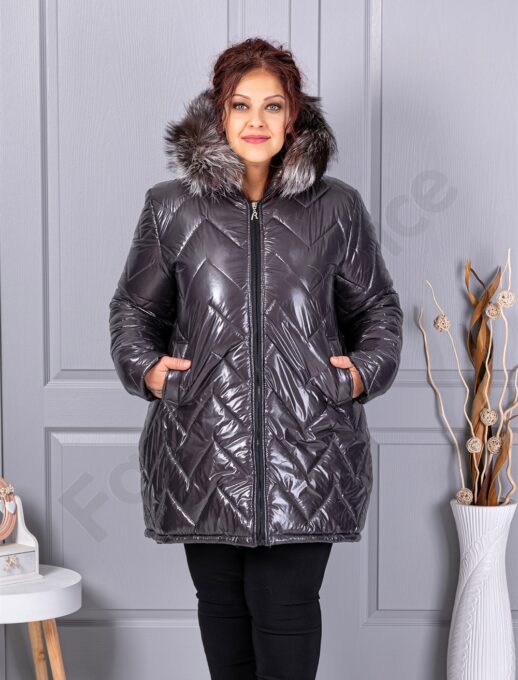 Plus size γυαλιστερό μπουφάν με φυσική γούνα-γραφίτη-κωδ 26059-1