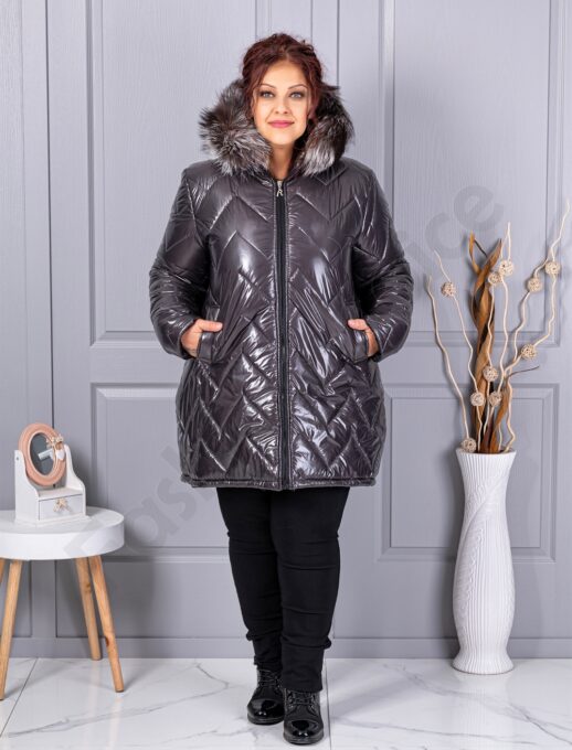 Plus size γυαλιστερό μπουφάν με φυσική γούνα-γραφίτη-κωδ 26059-1