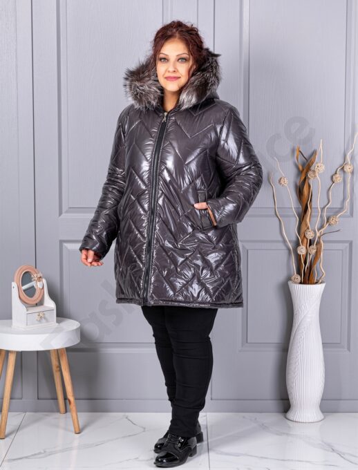 Plus size γυαλιστερό μπουφάν με φυσική γούνα-γραφίτη-κωδ 26059-1