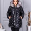 Plus size γυαλιστερό μπουφάν με φυσική γούνα-μαύρο-κωδ 26059