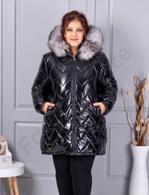 Plus size γυαλιστερό μπουφάν με φυσική γούνα-μαύρο-κωδ 26059