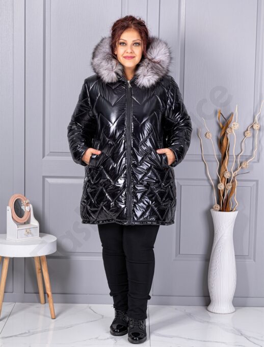 Plus size γυαλιστερό μπουφάν με φυσική γούνα-μαύρο-κωδ 26059