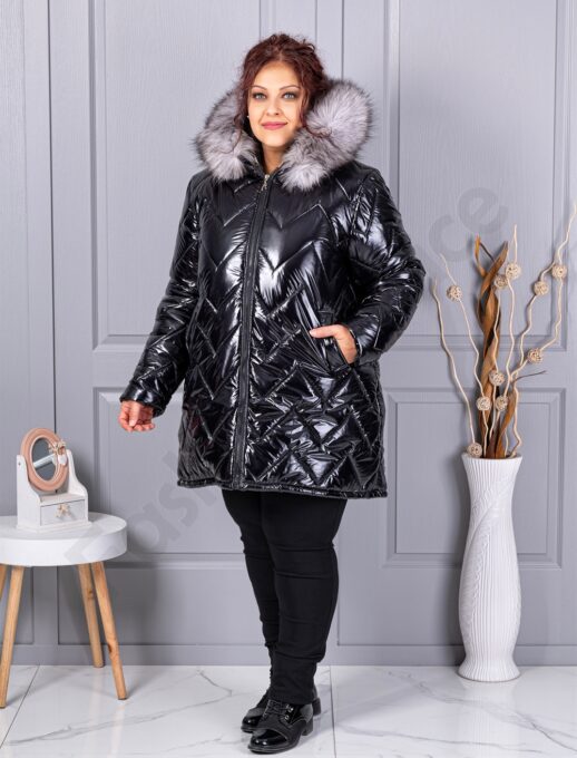 Plus size γυαλιστερό μπουφάν με φυσική γούνα-μαύρο-κωδ 26059