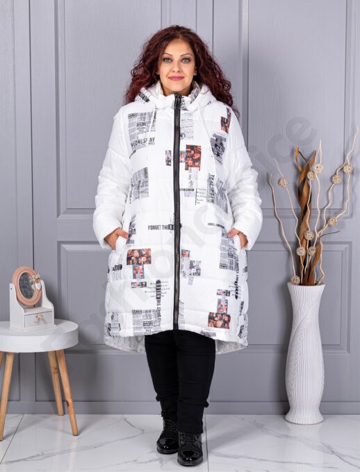 Plus size μακρύ χειμερινό μπουφάν με σχέδιο-λευκό-71303-1