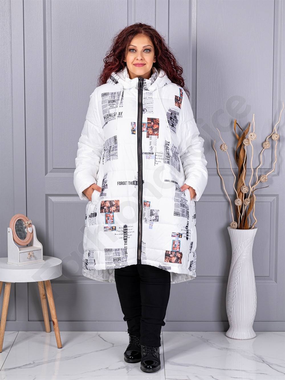 Plus size μακρύ χειμερινό μπουφάν με σχέδιο-λευκό-71303-1