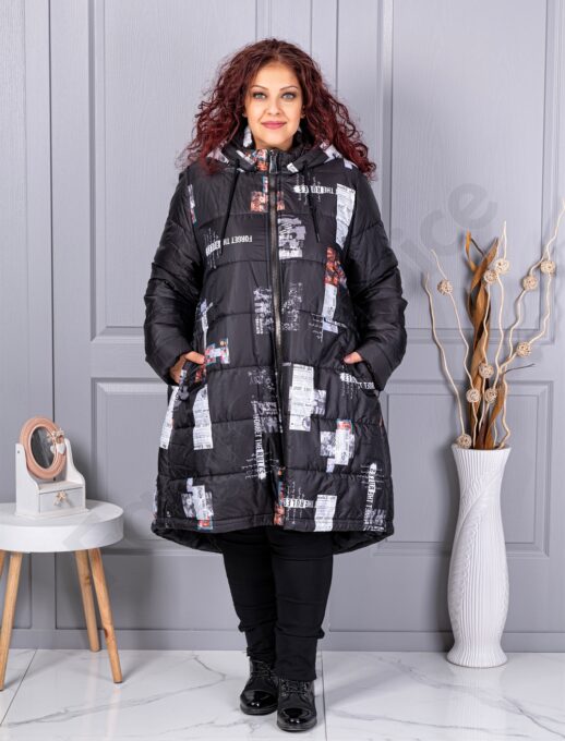 Plus size μακρύ χειμερινό μπουφάν με σχέδιο-μαύρο-71303