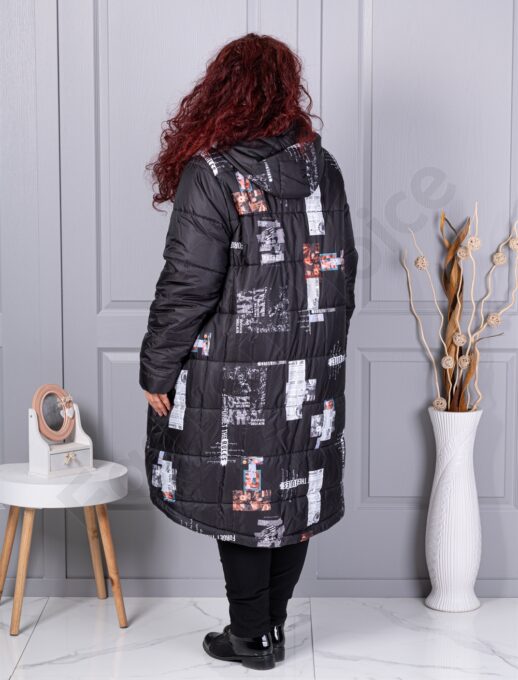 Plus size μακρύ χειμερινό μπουφάν με σχέδιο-μαύρο-71303