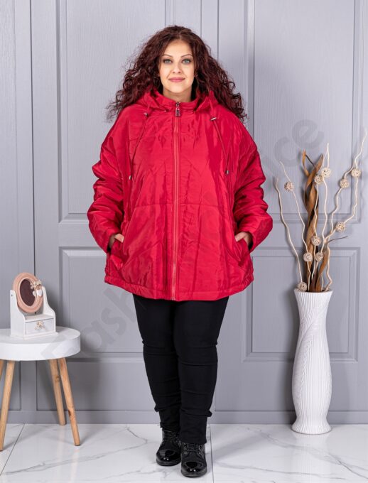 Plus size χειμερινό μπουφάν με κουκούλα-κόκκινο-63280-1