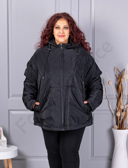 Plus size χειμερινό μπουφάν με κουκούλα-μαύρο-63280
