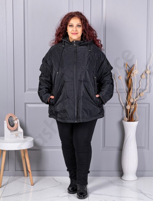 Plus size χειμερινό μπουφάν με κουκούλα-μαύρο-63280