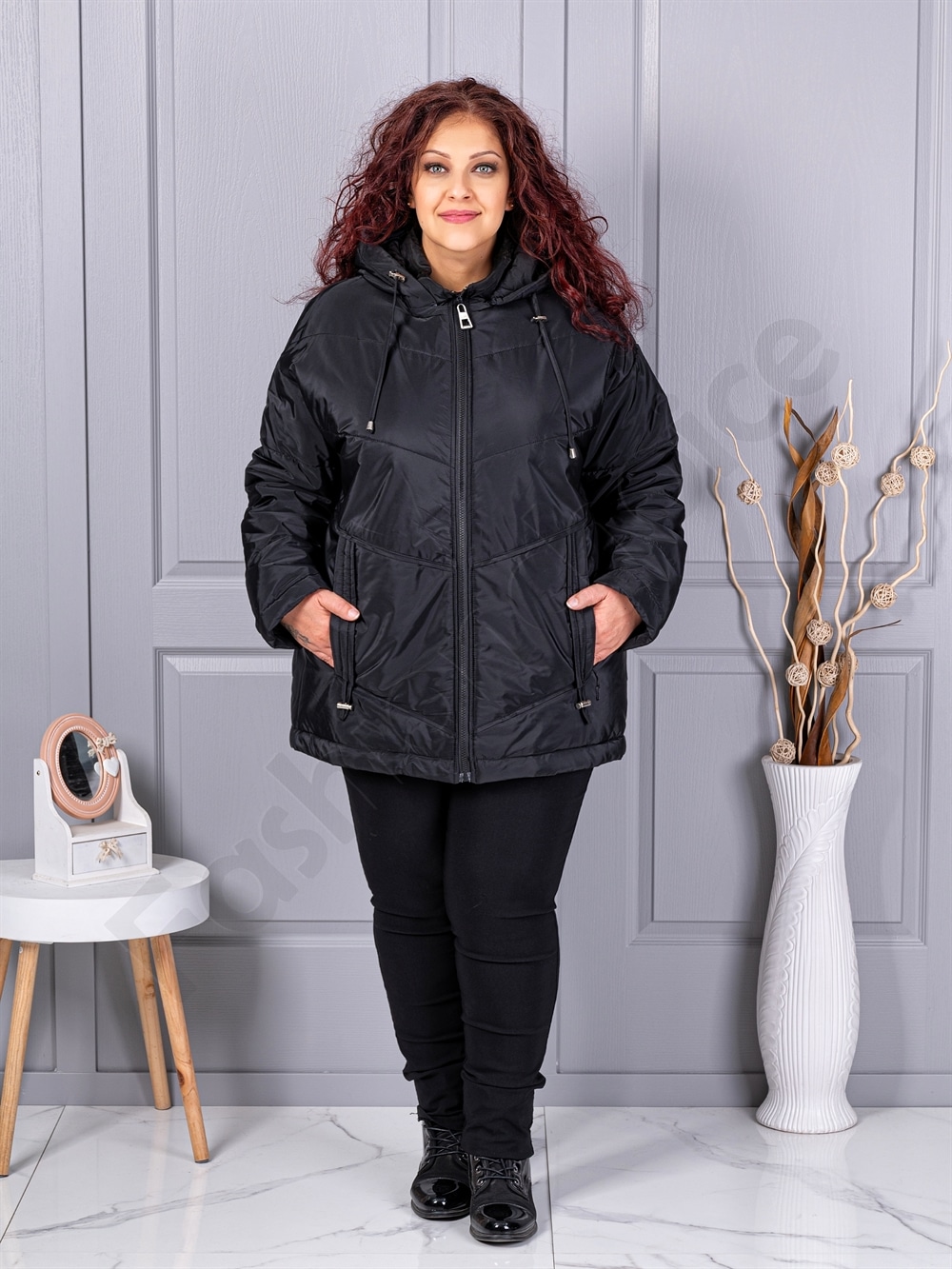 Plus size καπιτονέ μπουφάν με κουκούλα-κωδ 63265